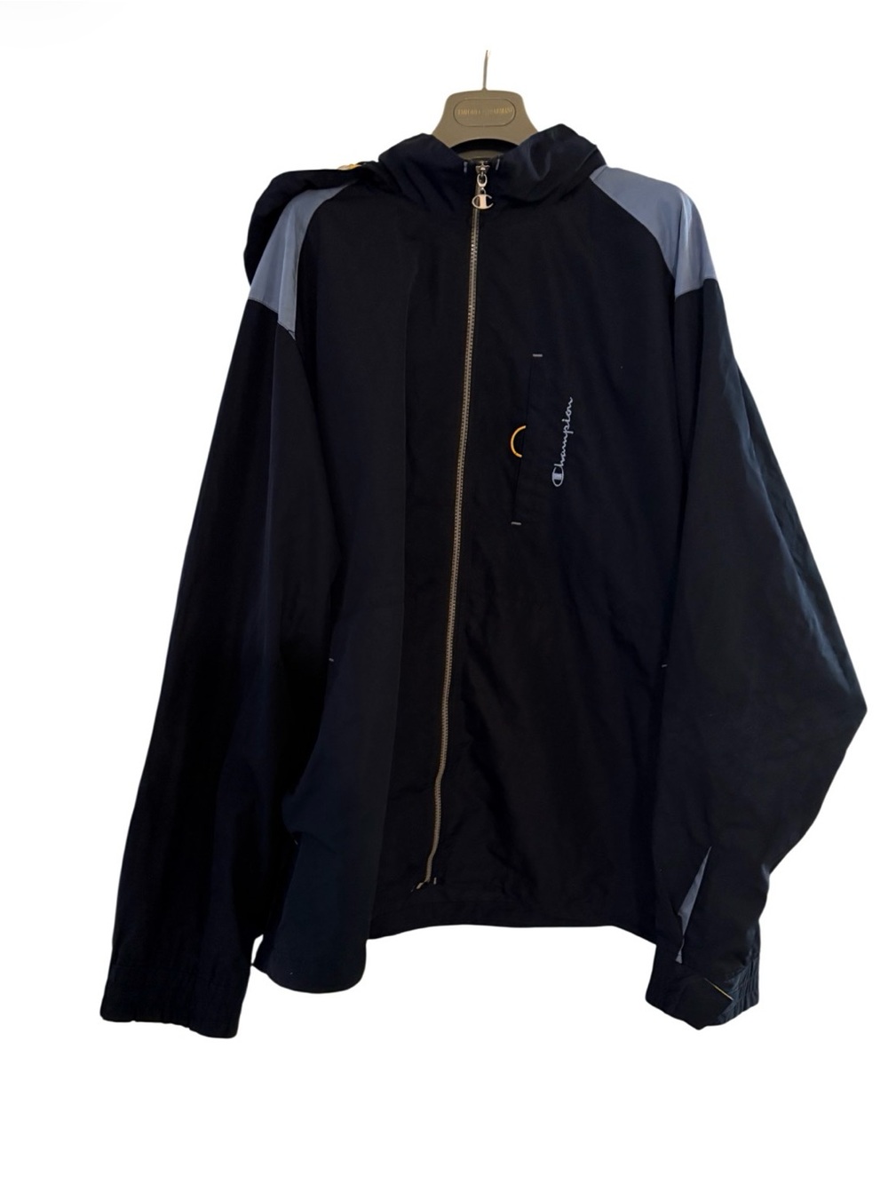 Champion dark blue--Black Hooded Windbreaker with Light Gray Shoulder Panels